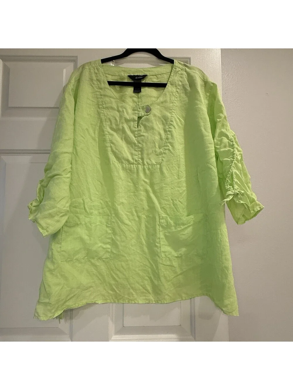 Ali Miles Lime Green 100% Ramie Tunic Blouse Ruched Sleeves Pockets 1X